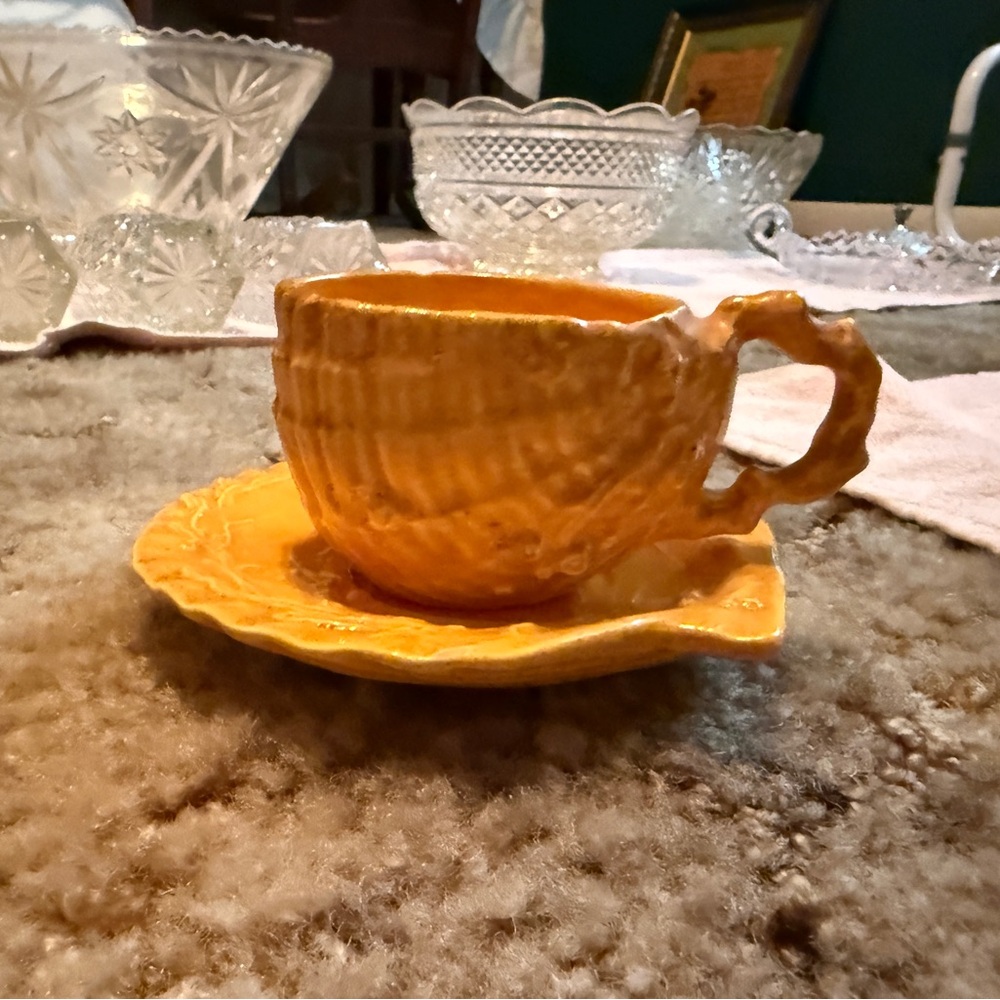 🌼 Vintage Yellow Shell Teacup & Saucer Set | Hand-Glazed Ceramic